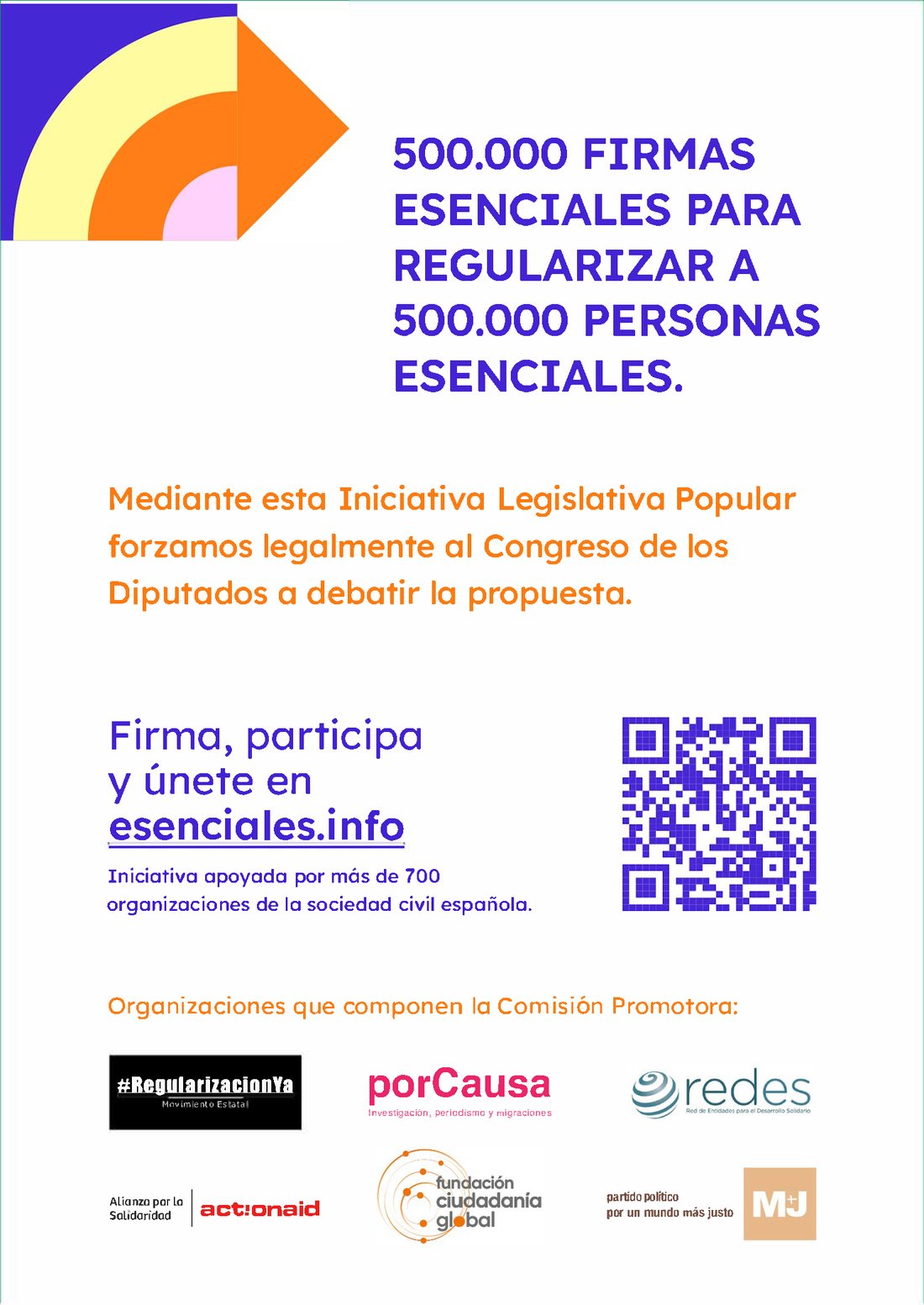 Cartel informativo con el lema «500.000 firmas esenciales para regularizar a 500.000 personas esenciales» y los logotipos de la Comisión Promotora
